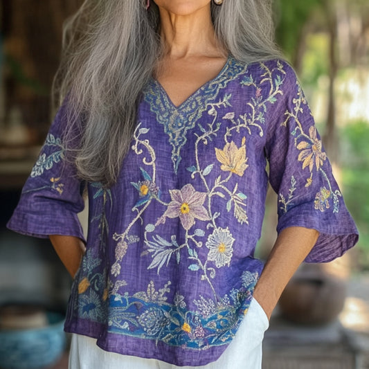 Vintage Floral Embroidery Linen Art V-neck Shirt elevenforest