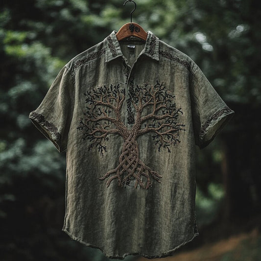 Men's Viking Tree Of Life Embroidery Pattern Lapel Shirt elevenforest