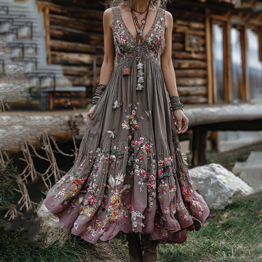 Women's Boho Floral Art V Neck Comfy Maxi Dress elevenforest