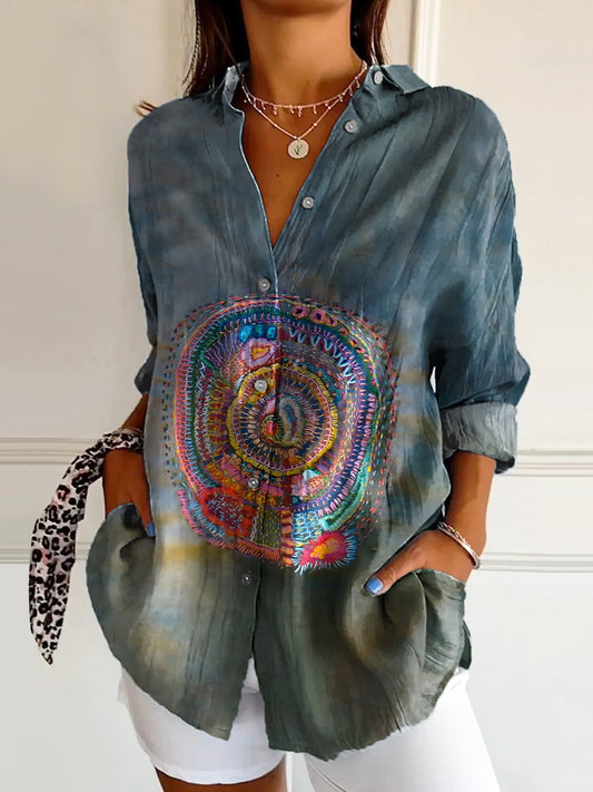 Women's Vintage Patchwork Art Print Casual Cotton Shirt