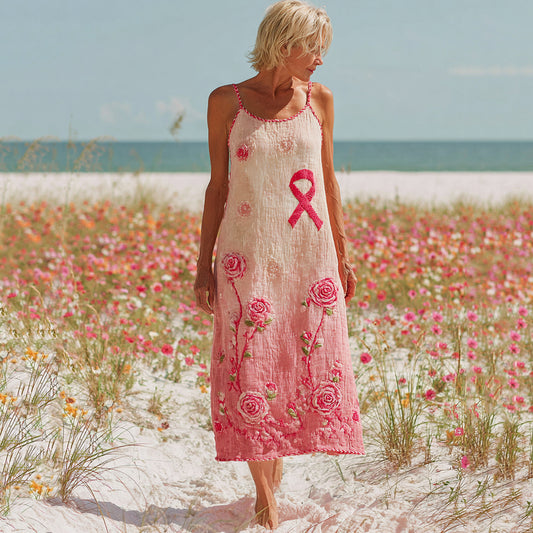 Stylish Pink Floral Embroidered Cozy Suspenders Maxi Dress