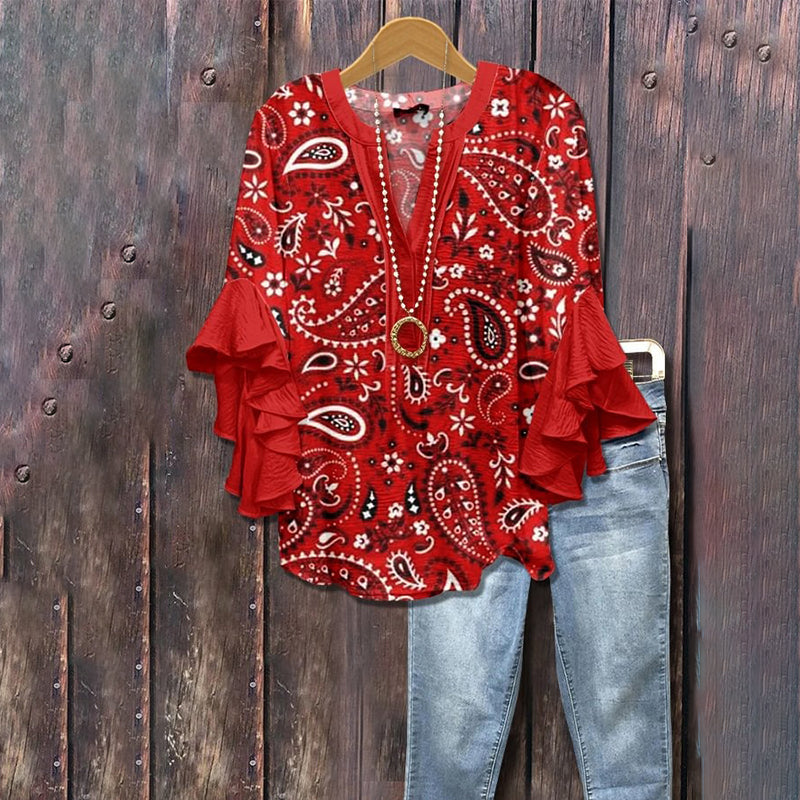 Comstylish Floral Print V-neck Ruffle Loose Blouse