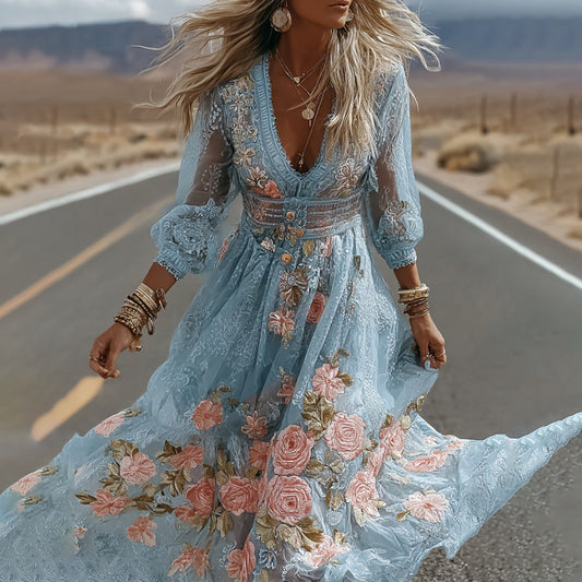 Women's Vintage Blue Floral Embroidery V Neck Casual Maxi Dress elevenforest