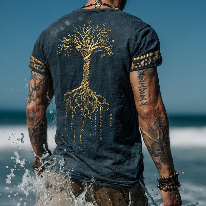Men's Retro Yggdrasil Pattern Line T-shirt elevenforest