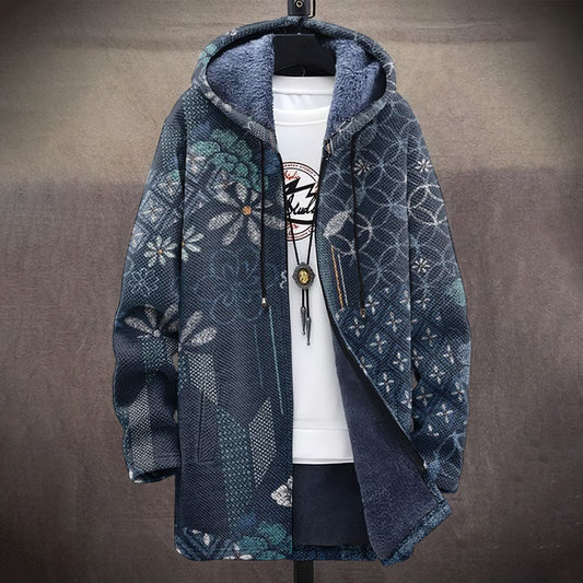 Vintage Japanese Traditional Sashiko Floral Art Pattern Art Cozy Hooded Cardigan elevenforest