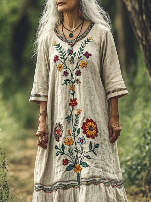 Boho Floral Embroidery Women's Linen Maxi Dress elevenforest