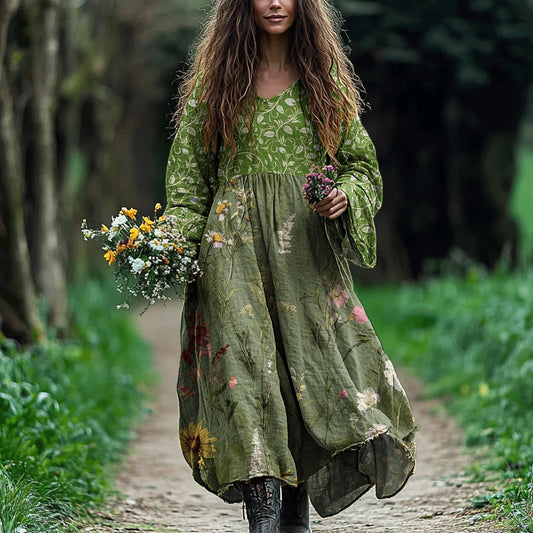 Women's Floral Casual Linen Long Sleeve Dress elevenforest