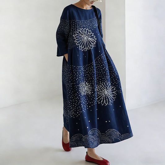 Women's Japanese Sashiko Embroidery Floral Pattern Dress elevenforest
