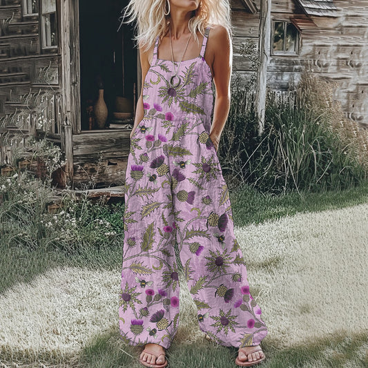 Women's Scottish Thistle Print Casual Loose Jumpsuit elevenforest