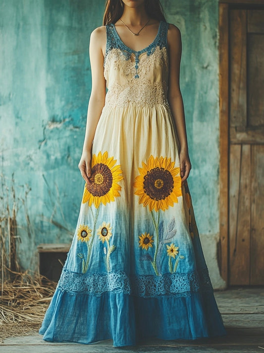 Boho Sunflower Embroidered Lace Patchwork Linen Tank Dress elevenforest