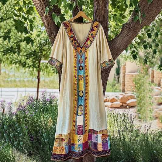 Vintage Patchwork Art Linen Short Sleeve Tank Dress elevenforest
