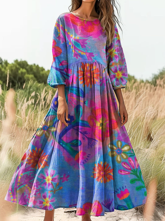 Women's Bohemian Floral Art Print Flowy Cotton Crew Neck Dress