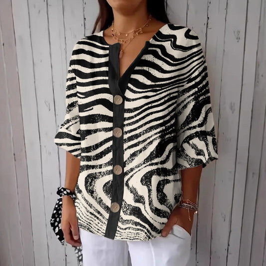 Women's Stripe Art Print Button Linen Blend Shirt elevenforest