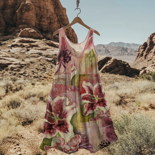Abstract Creative Floral Art Linen Blend Tank Dress elevenforest