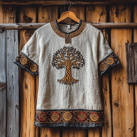 Men's Viking Tribal Celtic Embroidered Linen T-shirt elevenforest
