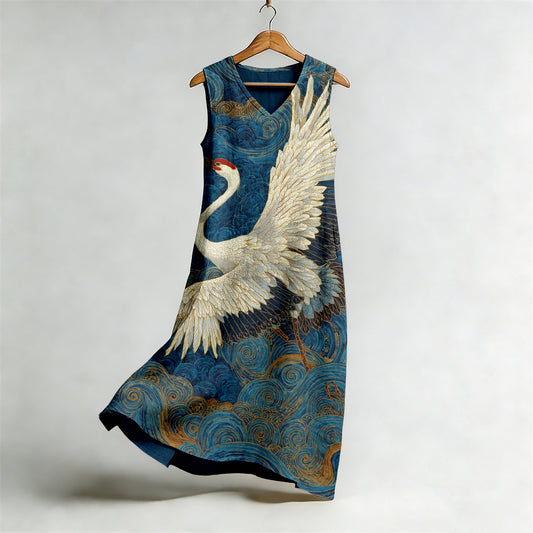 Comstylish Vintage Japanese Cranes Art Flowy Linen Midi Dress