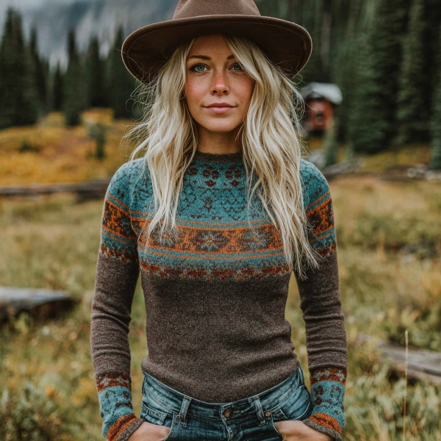Women's Vintage Western Geometric Pattern Cozy Knit Sweater elevenforest