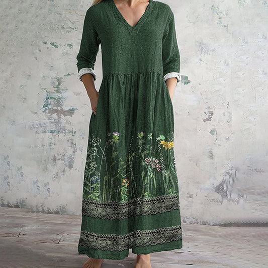 Vintage Floral Embroidered Lace Art Women's Linen Dress elevenforest