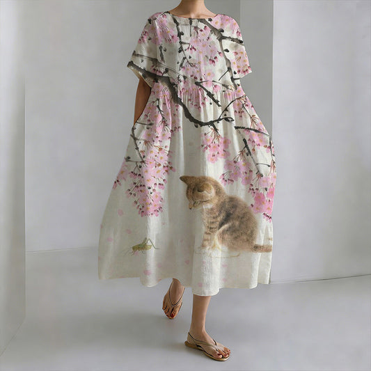 Comstylish Japanese Tree-shaded Kitten Leisure Round-neck Dress