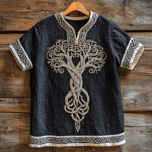 Men's Vintage Viking Tree Of Life Celtic Linen Shirt elevenforest