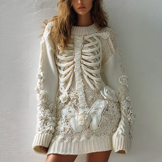 Comstylish Women's Hot Sexy Style Halloween Skeleton Bones Leather With Rose Pattern Art Cozy Knit Mini Sweater Dress