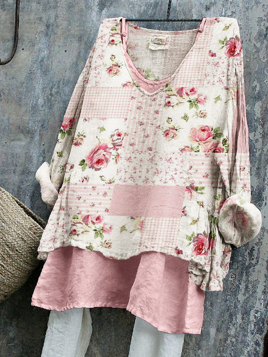 Vintage Roses Floral Patchwork Linen Tunic elevenforest
