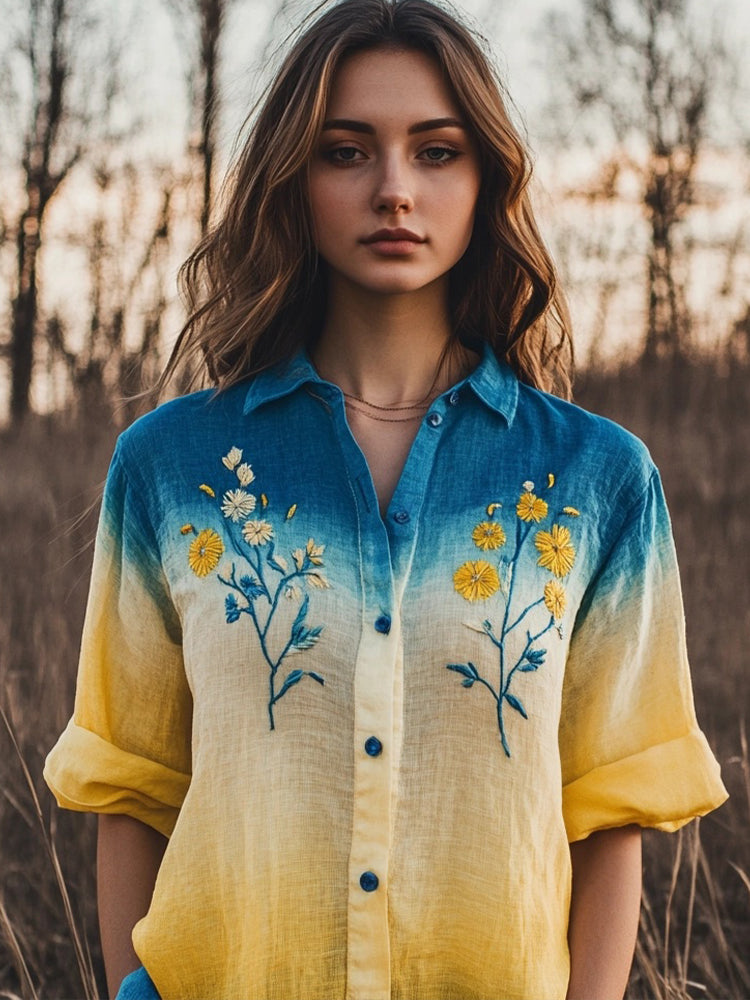 Womens Floral Embroidered Contrast Linen Blend Shirt elevenforest