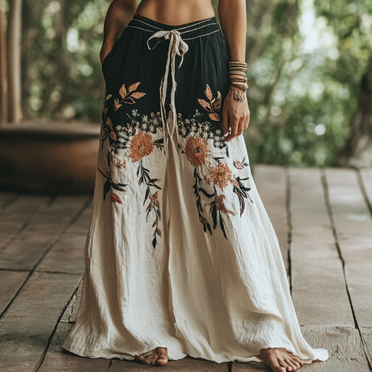 Vintage Bohemian Floral Art Printed Cotton Linen Wide Leg Pants elevenforest