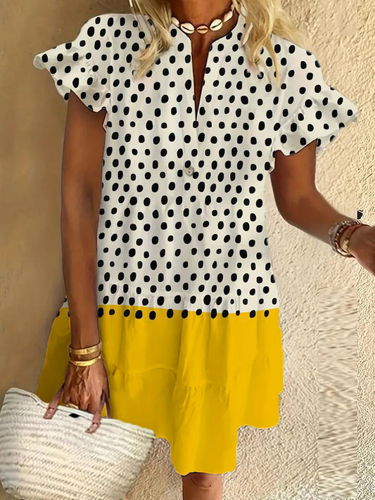 Geometric art ruffle short-sleeved V-neck button dress holiday beach dress
