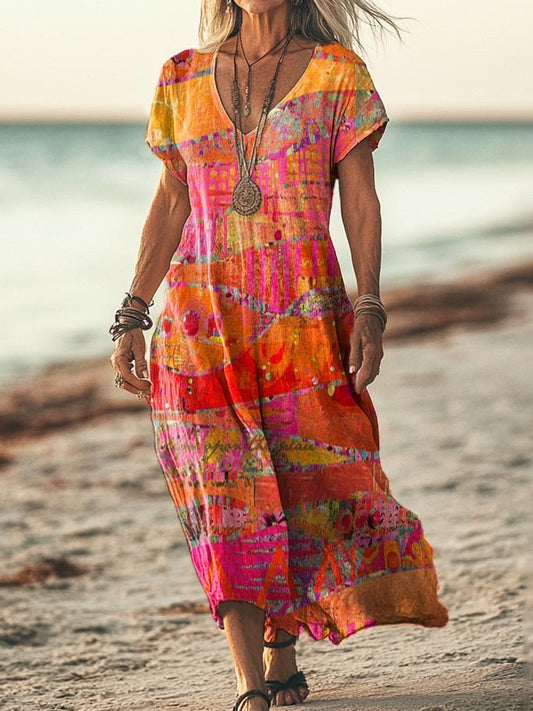 Women's Ethnic Art Pattern Print Pocket Cotton Dress