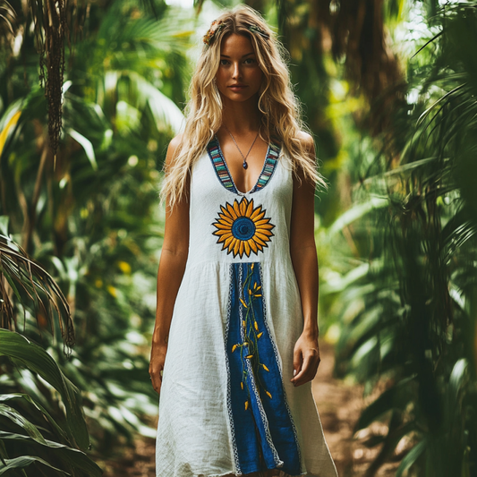 Bohemian Sunflower Embroidery Sleeveless Cozy Linen Maxi Dress elevenforest