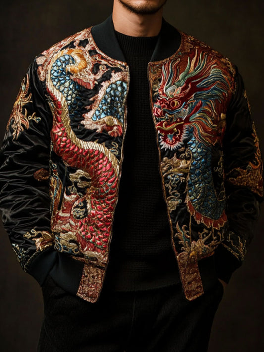 Men's Vintage Japanese Art Dragon Embroidery Print Coat elevenforest