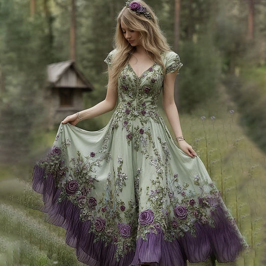 Classy Gradient Purple Lavender And Floral Embroidered Linen Maxi Dress elevenforest