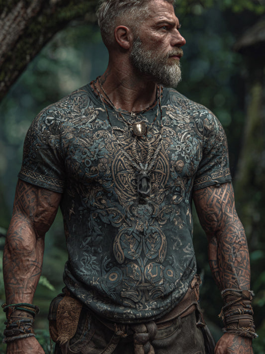 Viking-style Vine Embroidery Round-neck Short-sleeved Shirt elevenforest