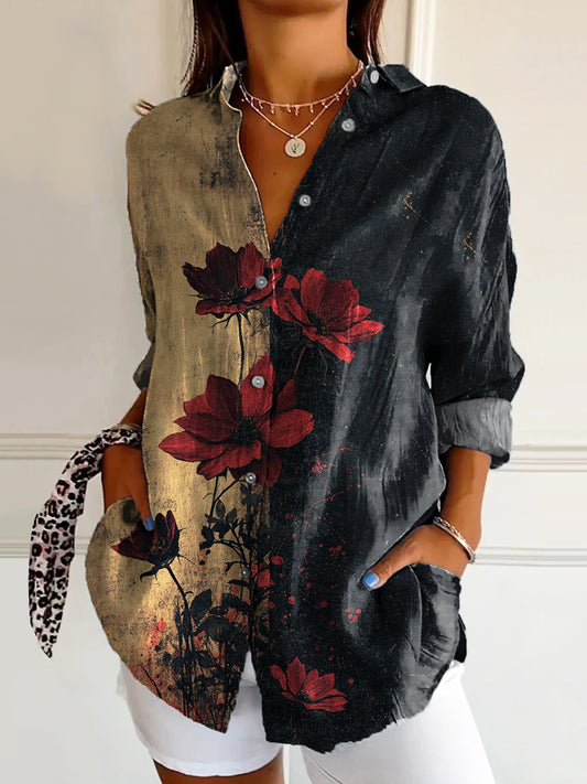Women's Retro Rose Flower Art Print Casual Cotton Shirt