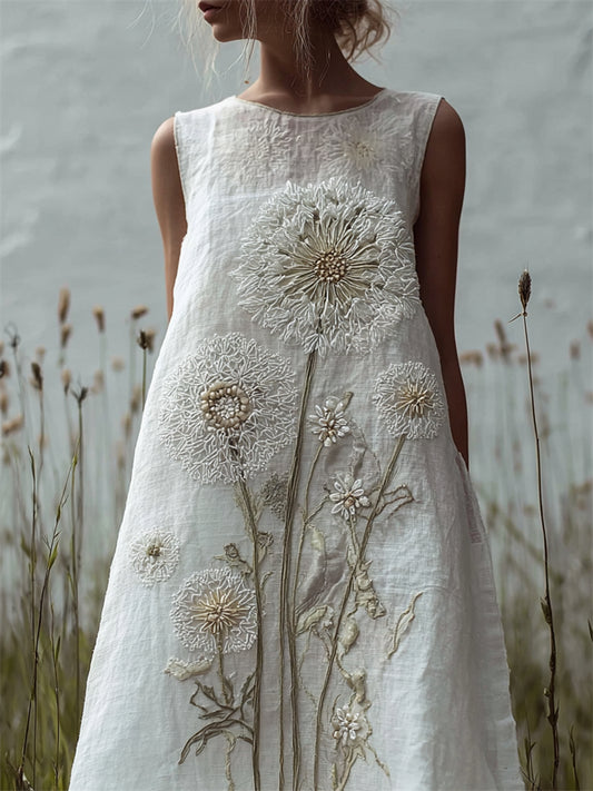 Vintage Classy Dandelion Floral Embroidered Flowy Linen Tank Dress elevenforest
