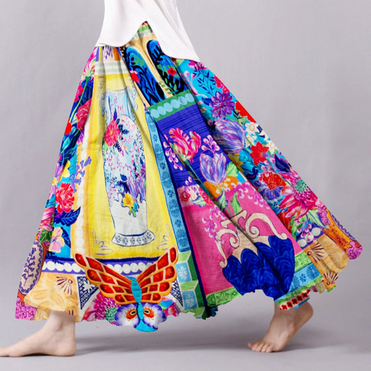 Women's Bohemian Floral Cotton And Linen Skirt elevenforest