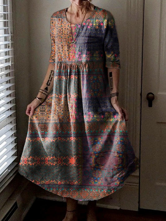 Women's Vintage Floral Patchwork Pattern Art Print Pocket Cotton Dress