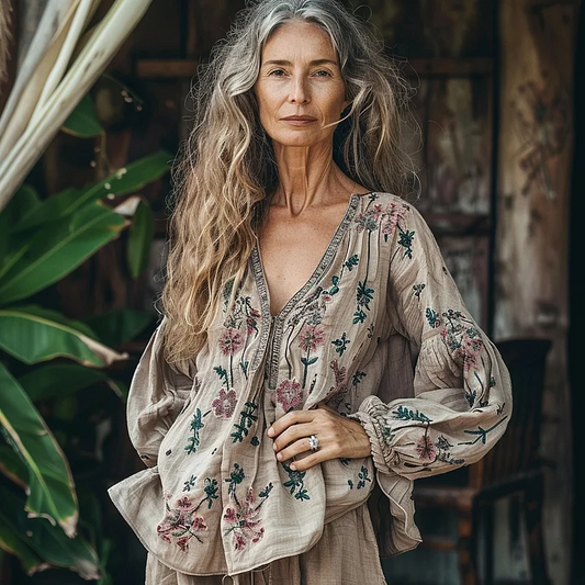 Bohemian Floral Linen Art Print Long Sleeve V-neck Shirt elevenforest