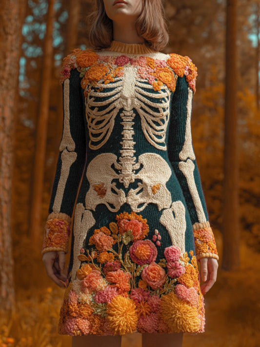 Women's Halloween Warm Tone Skull Rose Embroidered Dress elevenforest