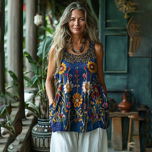 Boho Ethnic Floral Embroidered Linen Sleeveless Tank Top elevenforest