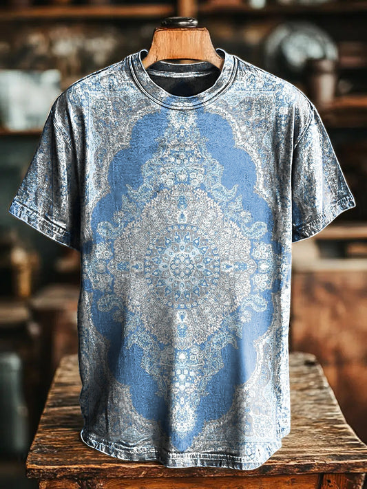 Retro Blue National Floral pattern Vintage Art Print Casual T-shirt Fo