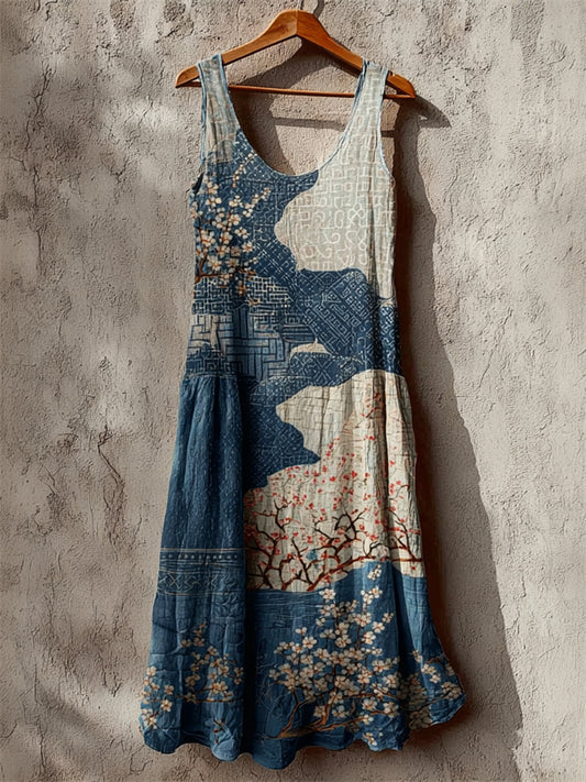 Cherry Blossom Sea Waves Japanese Sashiko Art Linen Maxi Dress elevenforest