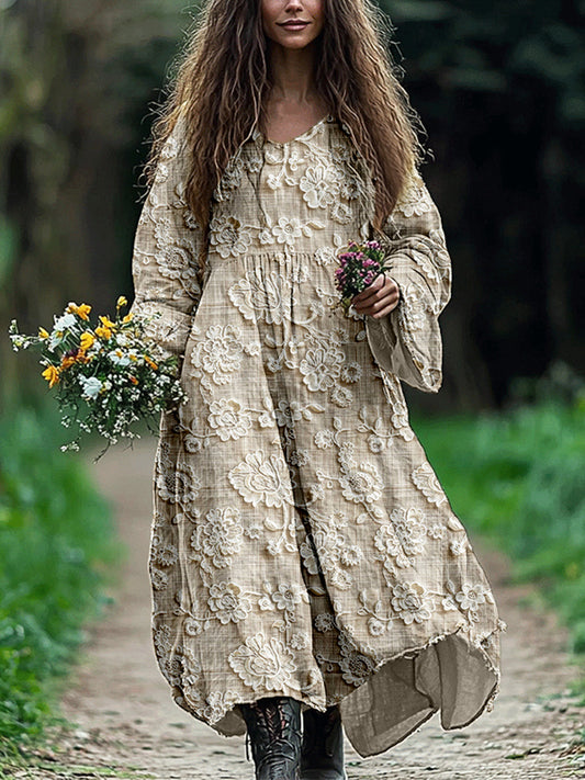 Elegant Floral Lace Embroidered Linen Blend Maxi Dress elevenforest