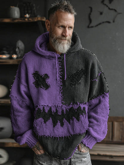 Men's Halloween Spooky Face Colorblock Stitched Hooded Cozy Knit Sweater artswardrobe