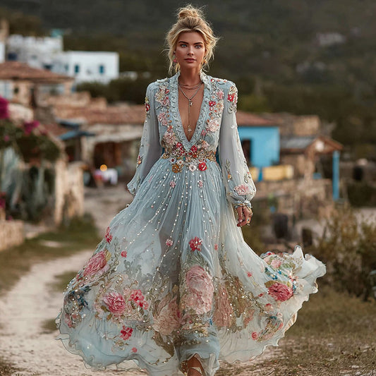 Women's Vintage Bohemian Floral Embroidered Casual Long Sleeve Dress elevenforest