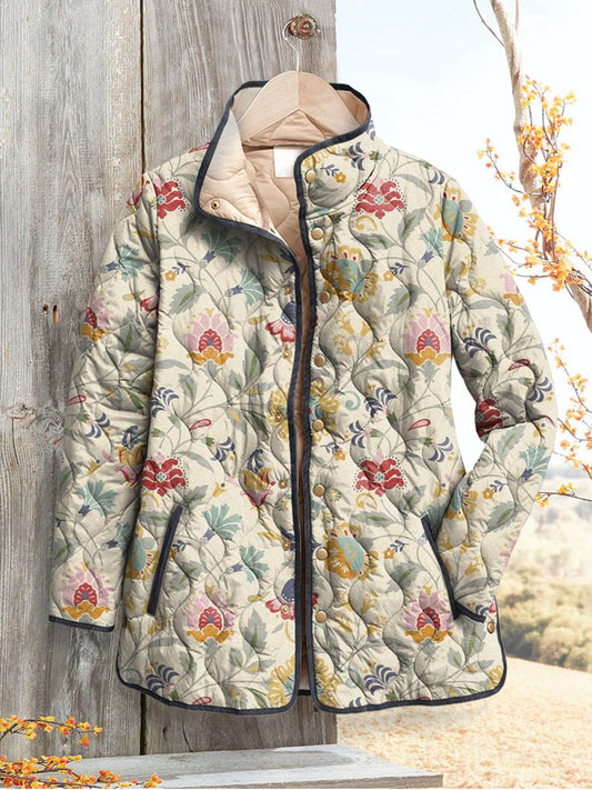 Women's Vintage Lovely Floral Art Print Casual Quilted Cardigan