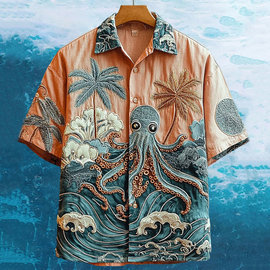 Men's Embroidered Octopus Coconut Ocean Hawaiian Shirt elevenforest