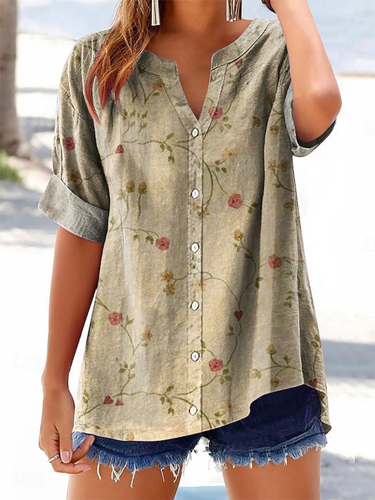 Women's Floral Pattern Art Print Cotton Linen Casual Shirt