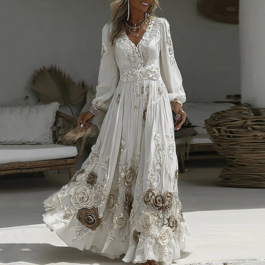 Women's Vintage Rose Embroidery Art V-neck Casual Maxi Dress elevenforest